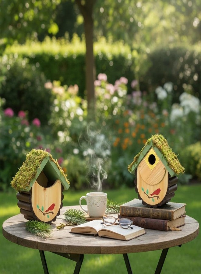CEDAR ALPHA Moss Covered Wooden Birdhouse for Small Birds, Handcrafted Wood Design - Image 2