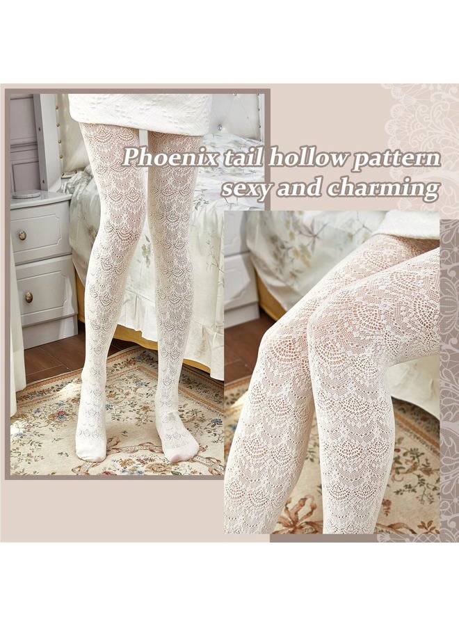 JaGely 1/2/3 Pair White Lace Tights for Women White Fishnet Hollow out Knitted Tights Lolita Stockings Lace Strips Pantyhose, Phoenix Tail Pattern, One size - Image 4