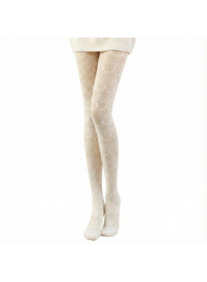 JaGely 1/2/3 Pair White Lace Tights for Women White Fishnet Hollow out Knitted Tights Lolita Stockings Lace Strips Pantyhose, Phoenix Tail Pattern, One size - Image 1
