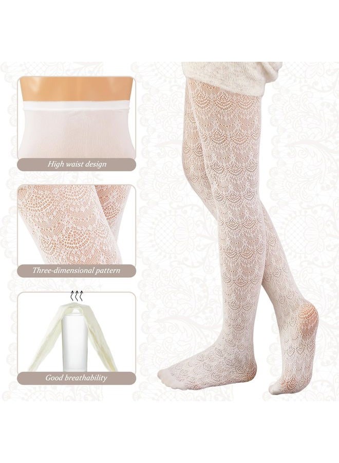 JaGely 1/2/3 Pair White Lace Tights for Women White Fishnet Hollow out Knitted Tights Lolita Stockings Lace Strips Pantyhose, Phoenix Tail Pattern, One size - Image 3