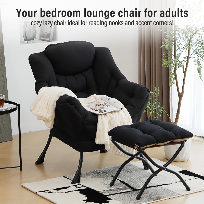 Furlide Lazy Chair with Ottoman, Modern Chair with Folding Footrest, Black Lounge Accent Chair, Comfortable Reading Chair, Oversized Armchairs for Bedroom, Study, Living Room, Courtyard - Image 2
