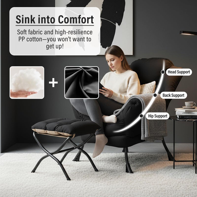 Furlide Lazy Chair with Ottoman, Modern Chair with Folding Footrest, Black Lounge Accent Chair, Comfortable Reading Chair, Oversized Armchairs for Bedroom, Study, Living Room, Courtyard - Image 3