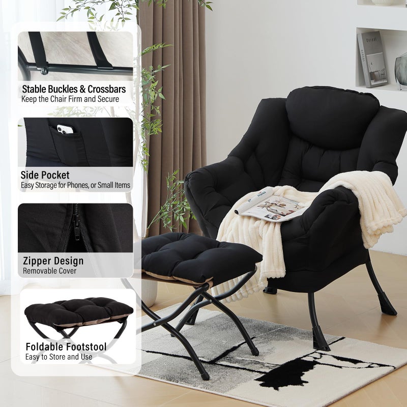 Furlide Lazy Chair with Ottoman, Modern Chair with Folding Footrest, Black Lounge Accent Chair, Comfortable Reading Chair, Oversized Armchairs for Bedroom, Study, Living Room, Courtyard - Image 4