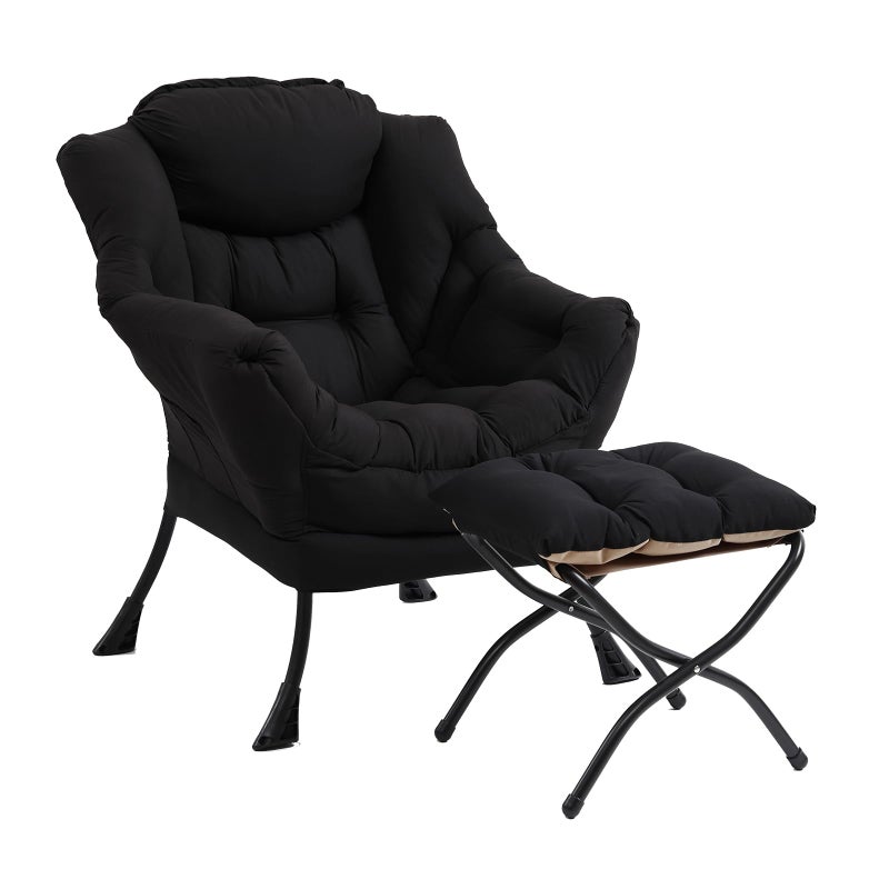 Furlide Lazy Chair with Ottoman, Modern Chair with Folding Footrest, Black Lounge Accent Chair, Comfortable Reading Chair, Oversized Armchairs for Bedroom, Study, Living Room, Courtyard - Image 1