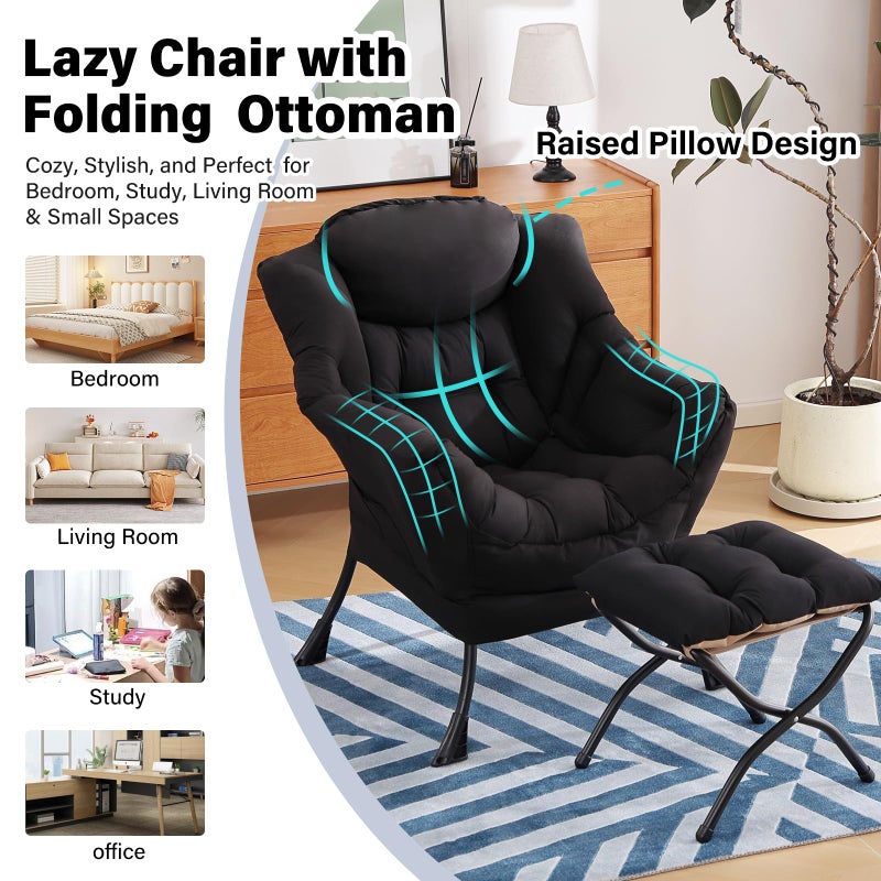 Furlide Lazy Chair with Ottoman, Modern Chair with Folding Footrest, Black Lounge Accent Chair, Comfortable Reading Chair, Oversized Armchairs for Bedroom, Study, Living Room, Courtyard - Image 5