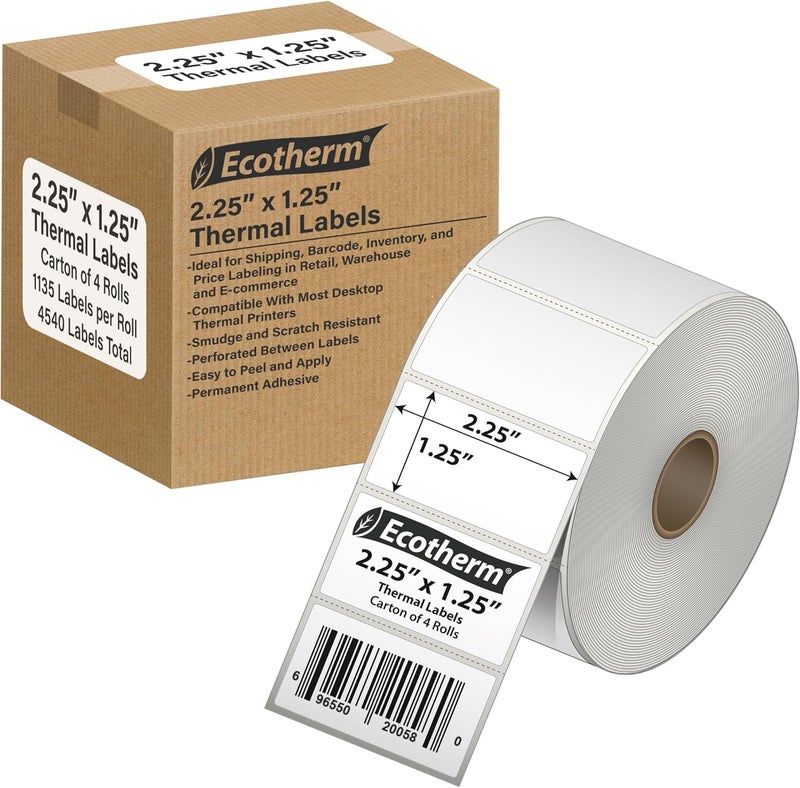 Ecotherm 2.25" x 1.25" Thermal Labels | 4 Rolls | 4540 Labels | fits Zebra, Munbyn, Rollo, Godex, Arkscan, iDPRT, Offnova Thermal Label Printers and More | Blank White Adhesive Stickers by - Image 1