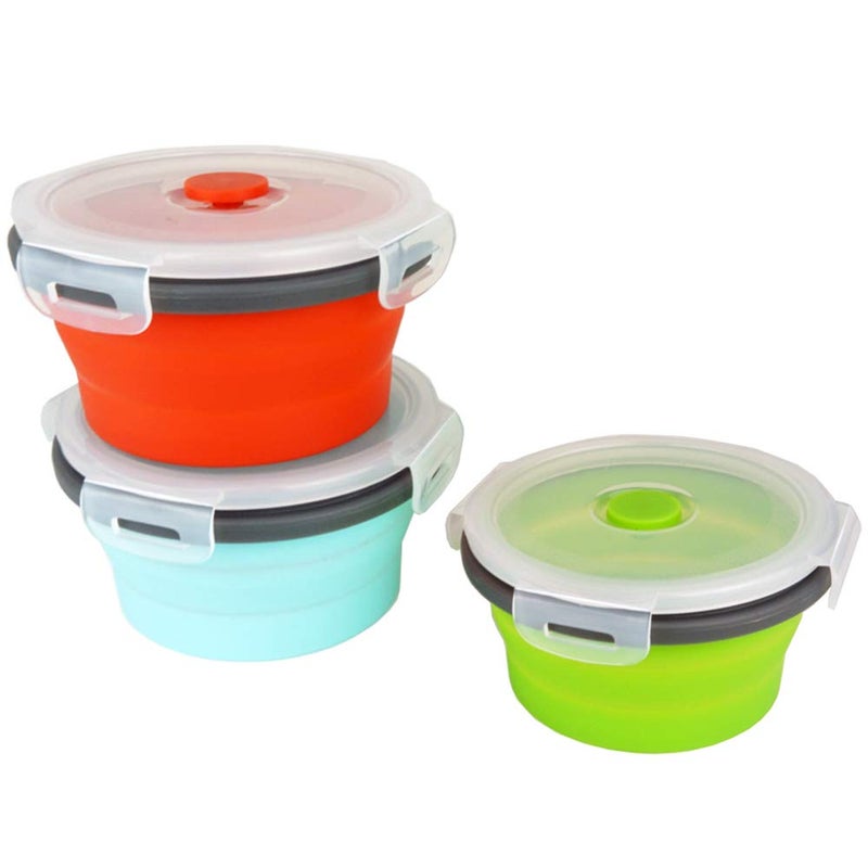 CCyanzi Ecomorning 3Piece Round Collapsible Lunch Container Silicone Food Storage Containers Collapsible Camping Bowl with Airtight Silicone Lids  Microwave  & Freezer Safe  350ML - Image 3
