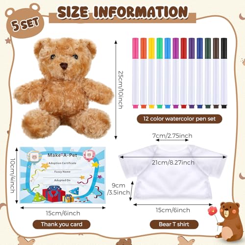 Blueweenly 20 Pcs Make Your Own Stuffed Bear Kit Including 984 Inches 5 Velvet Animal 5 White T Shirt 5 12 Colors Pens and 5 Card DIY Stuffed Plush Gift for CraftsBrownBear - Image 5