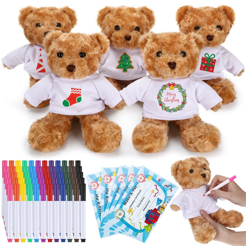 Blueweenly 20 Pcs Make Your Own Stuffed Bear Kit Including 984 Inches 5 Velvet Animal 5 White T Shirt 5 12 Colors Pens and 5 Card DIY Stuffed Plush Gift for CraftsBrownBear - Image 3