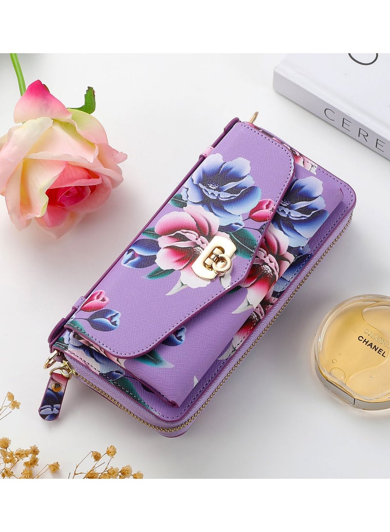Suteni Floral Flip Cover Leather Protective Hidden Card Slots with Mirror Phone Case for iPhone - Image 1