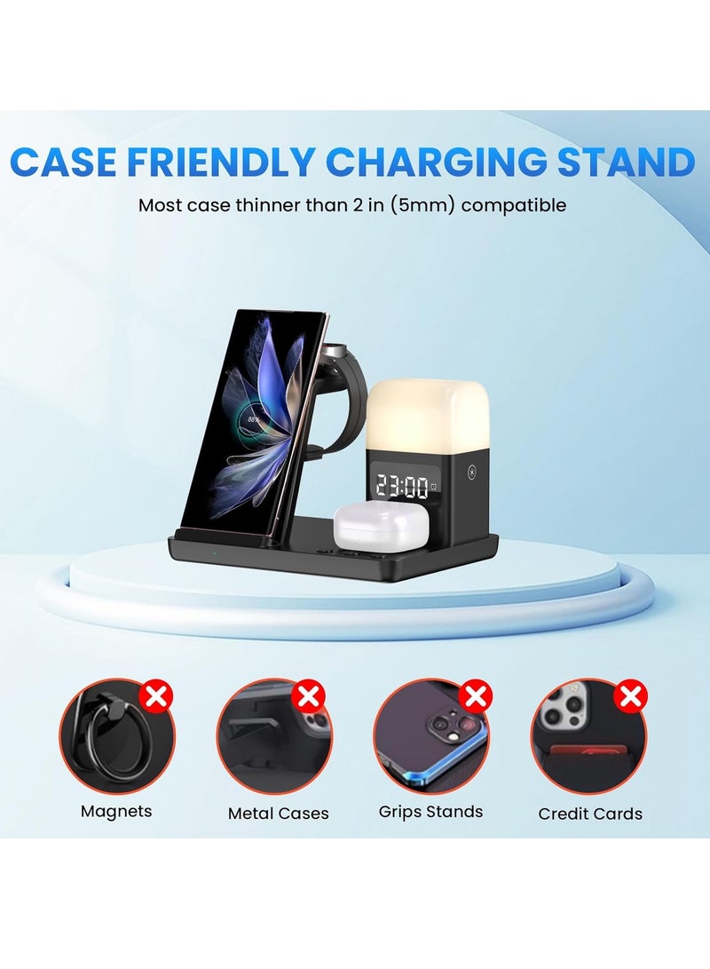 شاحن لاسلكي لهاتف Samsung: JoyGeek 5 في 1 محطة شحن لهاتف Samsung S24/Flip5/Fold5/Note 20 Ultra - حامل شاحن الهاتف لساعة Galaxy Watch 6/5/4/3، وBuds Live/Plus/2 Pro - ساعة منبه، 3 مصابيح ليلية - Image 3