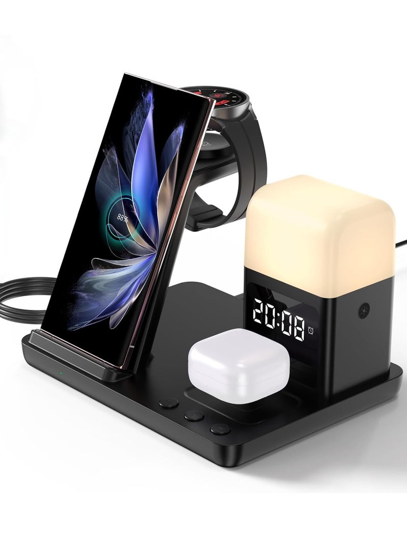 شاحن لاسلكي لهاتف Samsung: JoyGeek 5 في 1 محطة شحن لهاتف Samsung S24/Flip5/Fold5/Note 20 Ultra - حامل شاحن الهاتف لساعة Galaxy Watch 6/5/4/3، وBuds Live/Plus/2 Pro - ساعة منبه، 3 مصابيح ليلية - Image 1