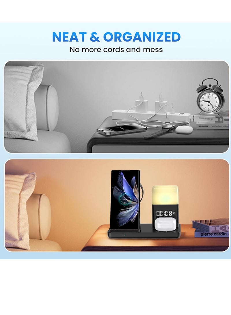 شاحن لاسلكي لهاتف Samsung: JoyGeek 5 في 1 محطة شحن لهاتف Samsung S24/Flip5/Fold5/Note 20 Ultra - حامل شاحن الهاتف لساعة Galaxy Watch 6/5/4/3، وBuds Live/Plus/2 Pro - ساعة منبه، 3 مصابيح ليلية - Image 4