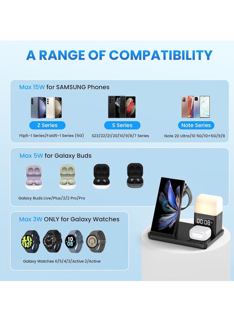 شاحن لاسلكي لهاتف Samsung: JoyGeek 5 في 1 محطة شحن لهاتف Samsung S24/Flip5/Fold5/Note 20 Ultra - حامل شاحن الهاتف لساعة Galaxy Watch 6/5/4/3، وBuds Live/Plus/2 Pro - ساعة منبه، 3 مصابيح ليلية - Image 5