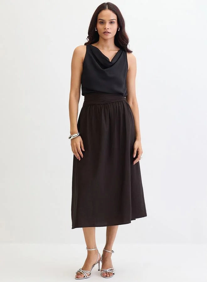 Black Pleated Waistband Midi Skirt