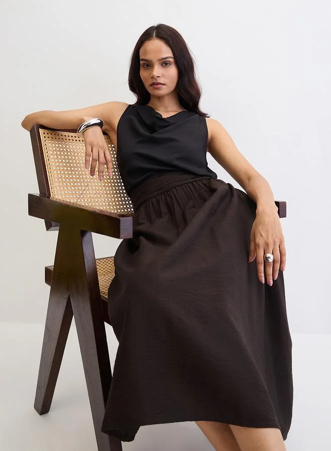 Femmella Black Pleated Waistband Midi Skirt