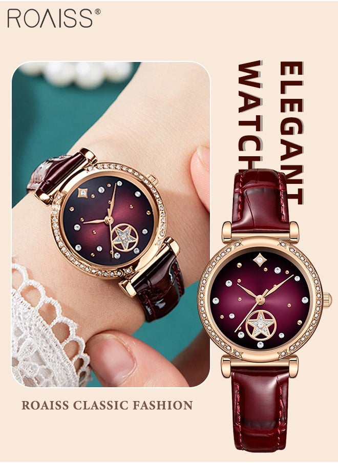 roaiss - Leather Strap Quartz Watch for Women Analog Display Round Dark Red Dial with Stars Pattern Decoration Waterproof Elegant Retro Wristwatch as Gift for Ladies - Image 1