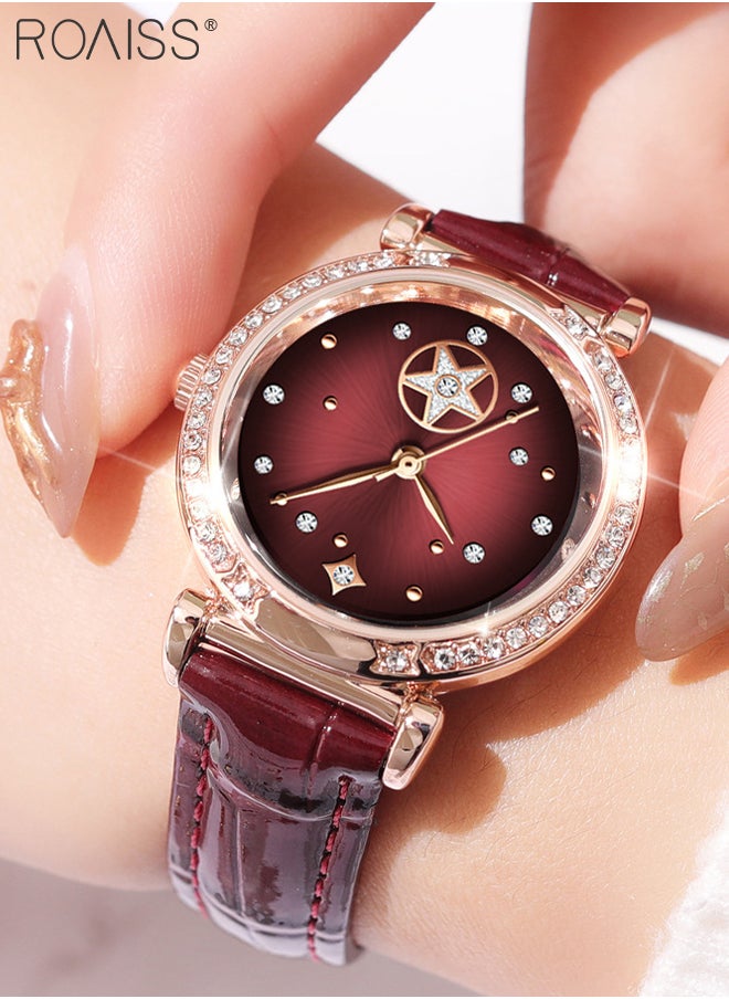 roaiss - Leather Strap Quartz Watch for Women Analog Display Round Dark Red Dial with Stars Pattern Decoration Waterproof Elegant Retro Wristwatch as Gift for Ladies - Image 1