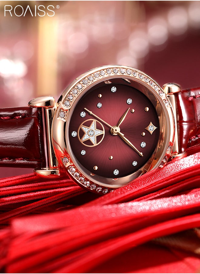 roaiss - Leather Strap Quartz Watch for Women Analog Display Round Dark Red Dial with Stars Pattern Decoration Waterproof Elegant Retro Wristwatch as Gift for Ladies - Image 1