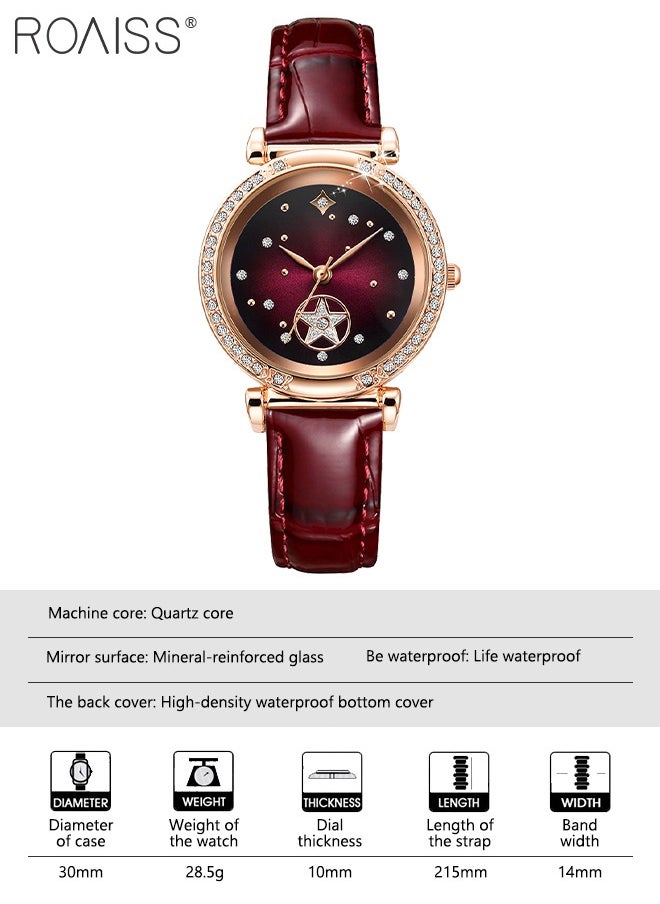 roaiss - Leather Strap Quartz Watch for Women Analog Display Round Dark Red Dial with Stars Pattern Decoration Waterproof Elegant Retro Wristwatch as Gift for Ladies - Image 1