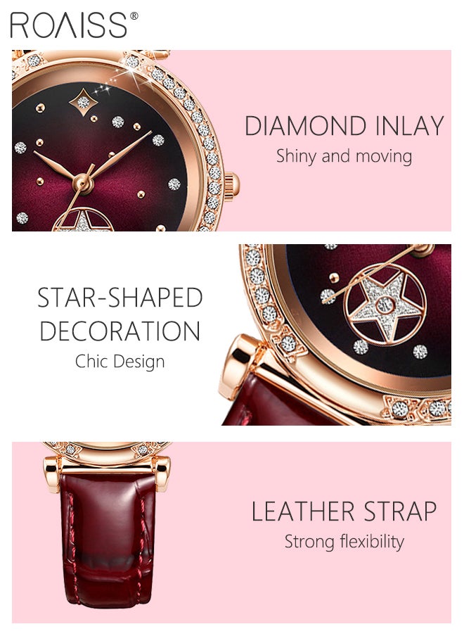 roaiss - Leather Strap Quartz Watch for Women Analog Display Round Dark Red Dial with Stars Pattern Decoration Waterproof Elegant Retro Wristwatch as Gift for Ladies - Image 1