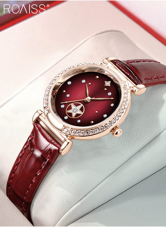 roaiss - Leather Strap Quartz Watch for Women Analog Display Round Dark Red Dial with Stars Pattern Decoration Waterproof Elegant Retro Wristwatch as Gift for Ladies - Image 1