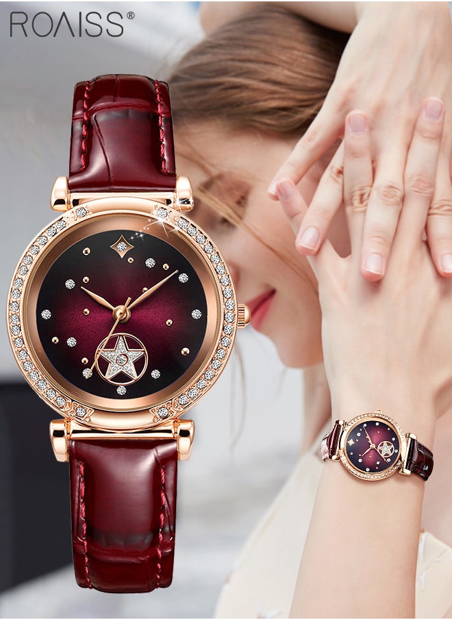 roaiss - Leather Strap Quartz Watch for Women Analog Display Round Dark Red Dial with Stars Pattern Decoration Waterproof Elegant Retro Wristwatch as Gift for Ladies - Image 1