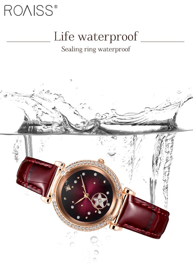roaiss - Leather Strap Quartz Watch for Women Analog Display Round Dark Red Dial with Stars Pattern Decoration Waterproof Elegant Retro Wristwatch as Gift for Ladies - Image 1