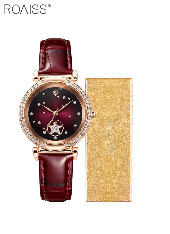 roaiss - Leather Strap Quartz Watch for Women Analog Display Round Dark Red Dial with Stars Pattern Decoration Waterproof Elegant Retro Wristwatch as Gift for Ladies - Image 1