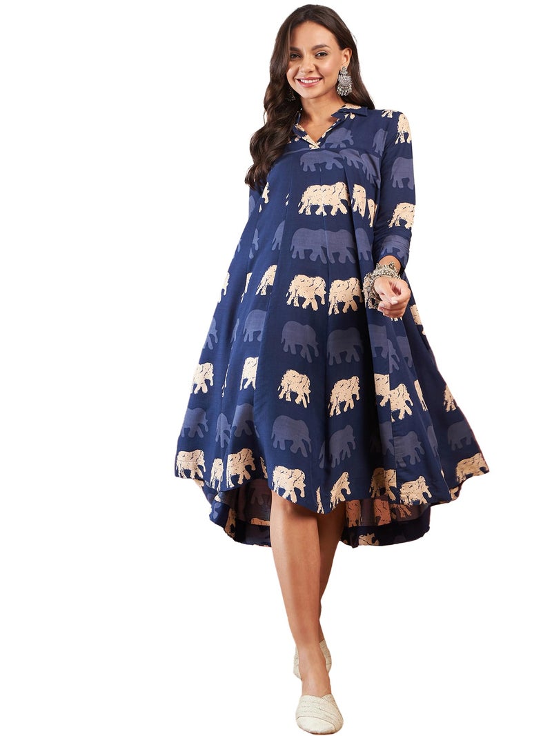 InWeave Blue Elephant Print Flared Dress - Image 1