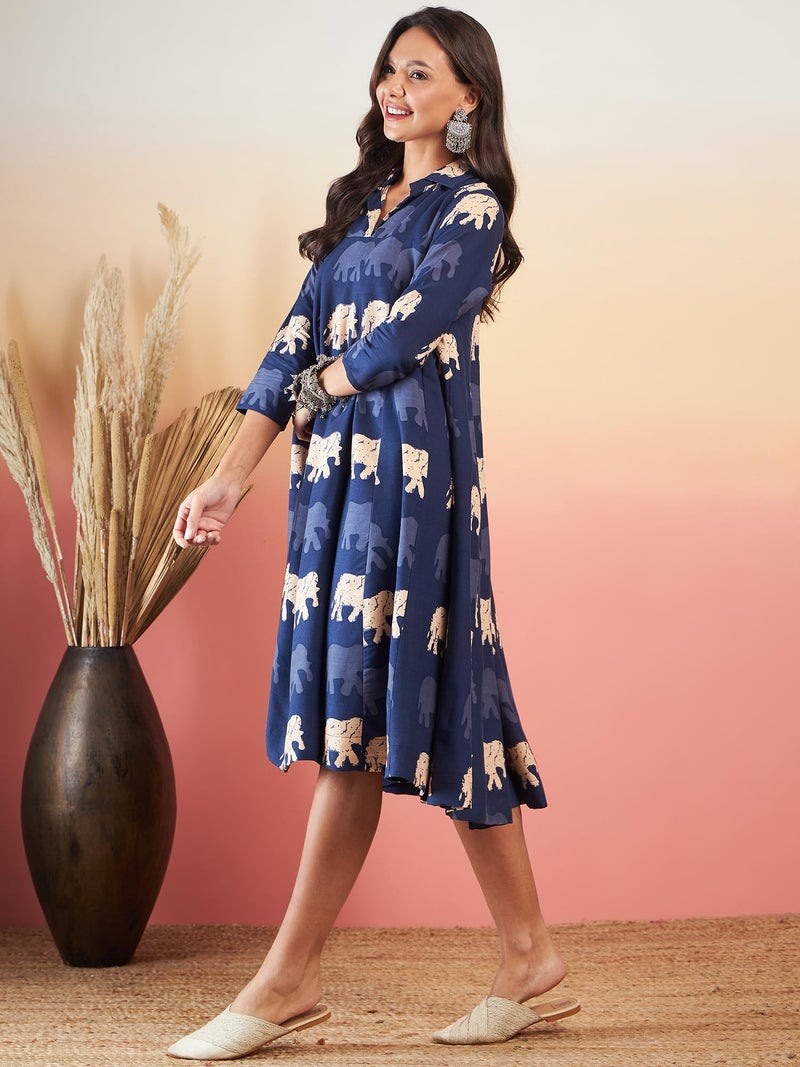 InWeave Blue Elephant Print Flared Dress - Image 2
