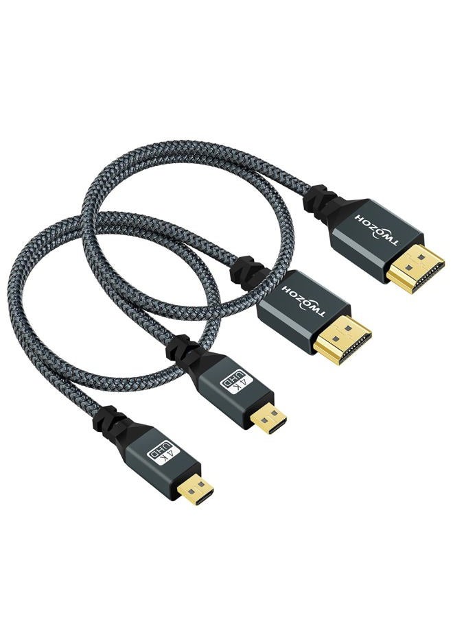 Twozoh Micro HDMI to HDMI Cable 1FT 2 Pack, Nylon Braided Micro HDMI Cable Support 3D/4K@60Hz 18Gbps/2160P/1080P for GoPro Hero7/8/9 Raspberry Pi 4 - Image 1