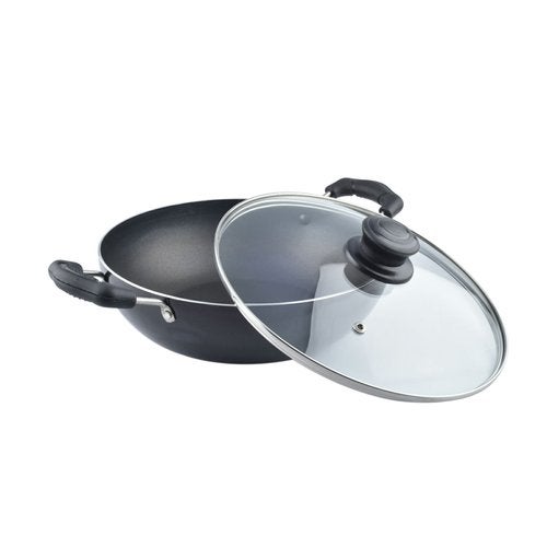 YADNESH Deep Kadhai Induction Base NonStick Kadai with Glass Lid Non Stick Frying Pan Wok Flat Bottom Non Stick All Purpose Pan NonStick Aluminium Kadhai Deep Fry Pan 240mm 22Ltr