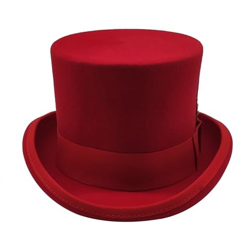 Willheoy Wool Top Hat for Men Satin Lined Topper Hat Black Mens Tall Tophat Christmas Costume Cap Red - Image 2