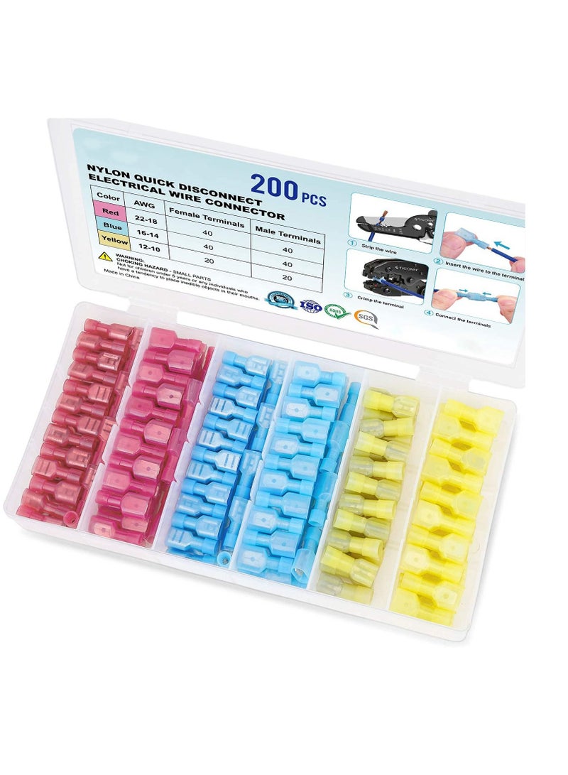 SYOSI Nylon Spade Quick Disconnect Connectors Kit Electrical Insulated Terminals, Male and Female Spade Wire Crimp Terminal Assortment Kit Resists Corrosion 3 Colors 200 Pcs - Image 1