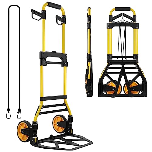 Folding Hand Truck and Dolly 440lbs Capacity Portable Luggage Dolly Cart with Rubber Wheels and Retractable Handle Aluminum Foldable Hand Cart for TransportationLuggageMobileTravelOffice Use