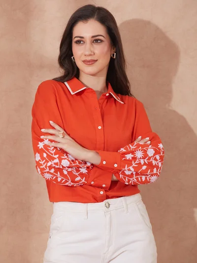 جلو باص Women Rust Collared Neck Floral Embriodered Cuff Sleeves Curved Hem Shirt
