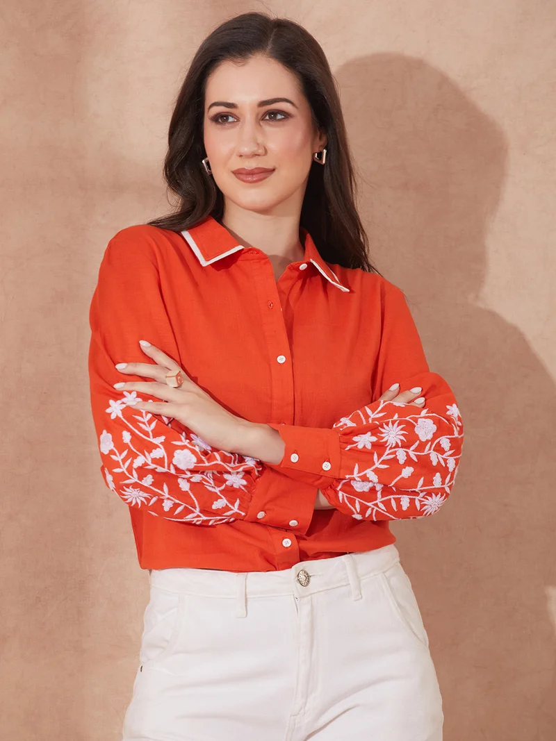 جلو باص Women Rust Collared Neck Floral Embriodered Cuff Sleeves Curved Hem Shirt