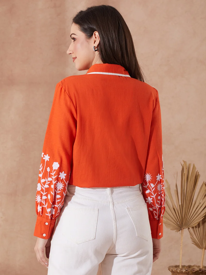 جلو باص Women Rust Collared Neck Floral Embriodered Cuff Sleeves Curved Hem Shirt
