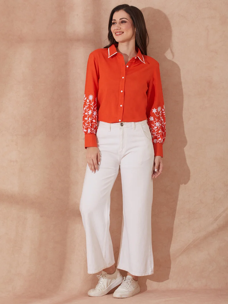 جلو باص Women Rust Collared Neck Floral Embriodered Cuff Sleeves Curved Hem Shirt