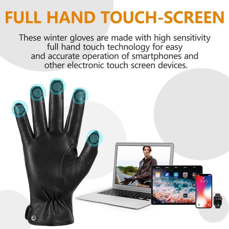 QOF Winter Genuine Leather Gloves for Men, Cashmere Warm Lined Finger Touchscreen Texting Driving Gloves - Image 3