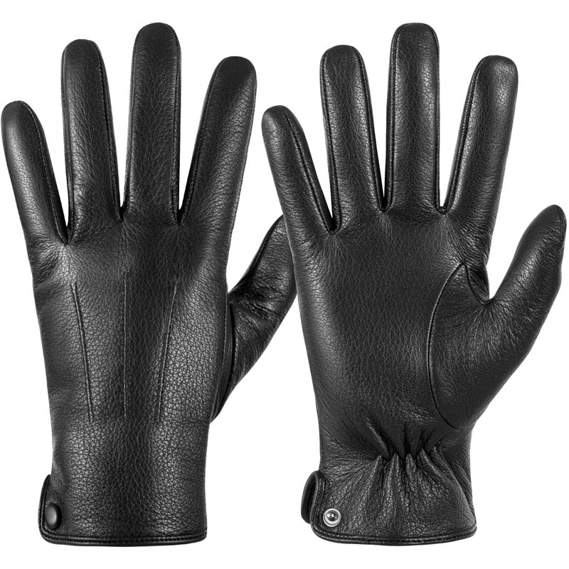 QOF Winter Genuine Leather Gloves for Men, Cashmere Warm Lined Finger Touchscreen Texting Driving Gloves - Image 1