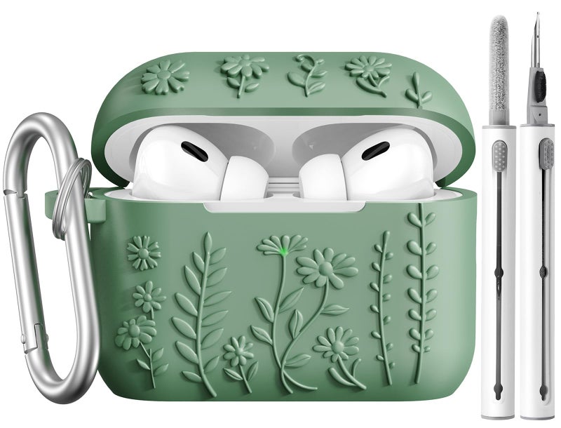 AIRSPO Airpod Pro 2nd Generation Case, 3D Floral Embossed Soft Silicone Protective Cover with Cleaner Kit for Apple Airpods Pro 2nd 1st Gen Case with Keychain (2023/2022), Green - Image 1