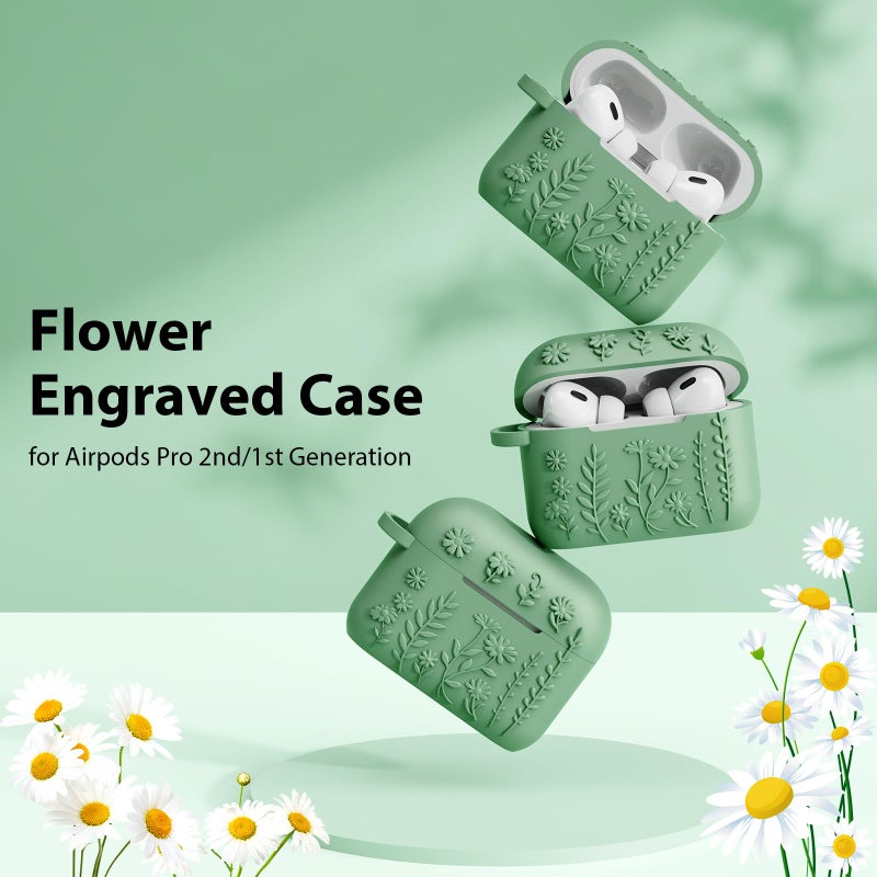 AIRSPO Airpod Pro 2nd Generation Case, 3D Floral Embossed Soft Silicone Protective Cover with Cleaner Kit for Apple Airpods Pro 2nd 1st Gen Case with Keychain (2023/2022), Green - Image 2
