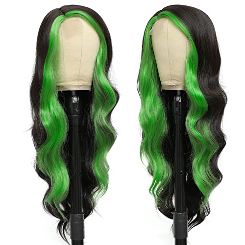 xccoco 30 Long Wavy Highlight Wigs Skunk Stripe Body Wave Synthetic Lace Wig Side Part Black Wig with Green Streaks Highlighted Wig for Women - Image 3