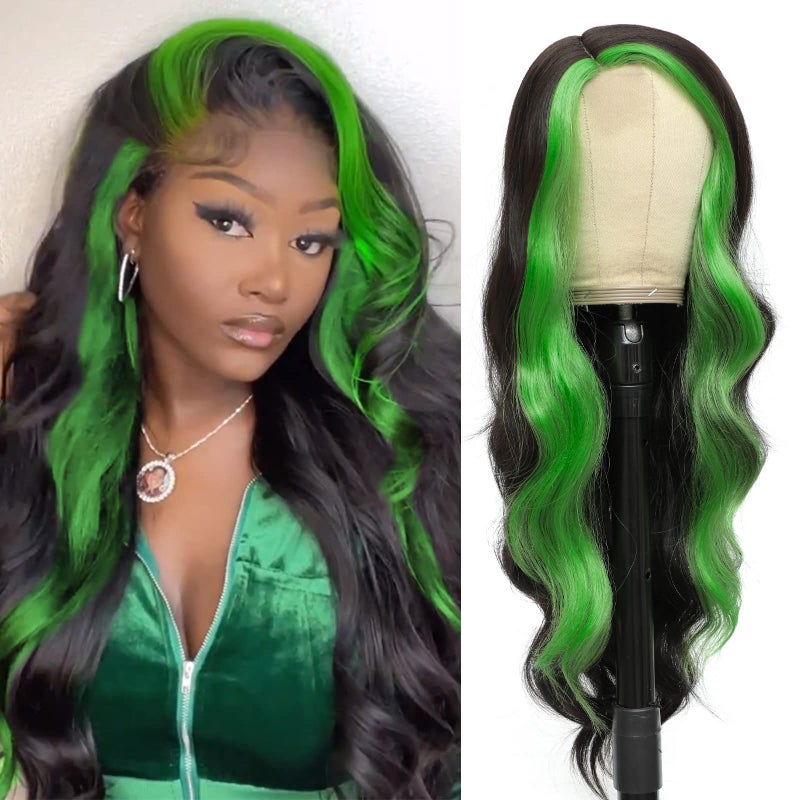 xccoco 30 Long Wavy Highlight Wigs Skunk Stripe Body Wave Synthetic Lace Wig Side Part Black Wig with Green Streaks Highlighted Wig for Women - Image 2
