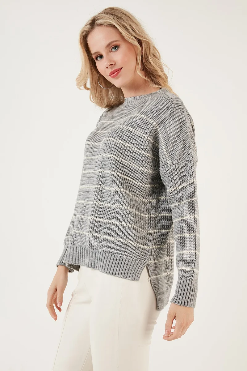 Lela Striped Long Back Crew Neck Knitted Sweater Women's Sweater 4616133