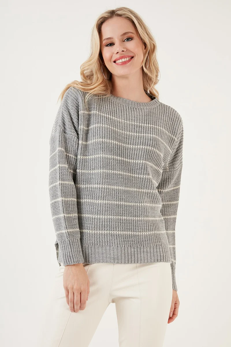 Lela Striped Long Back Crew Neck Knitted Sweater Women's Sweater 4616133
