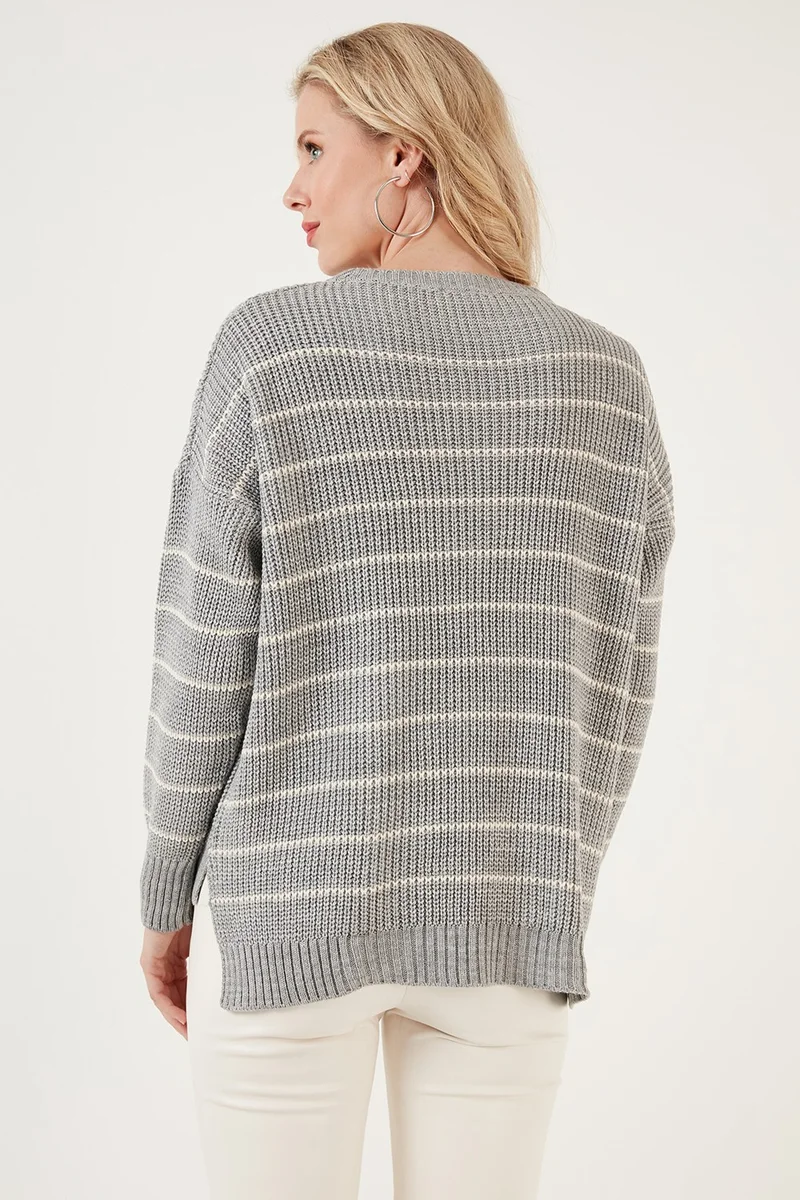 Lela Striped Long Back Crew Neck Knitted Sweater Women's Sweater 4616133