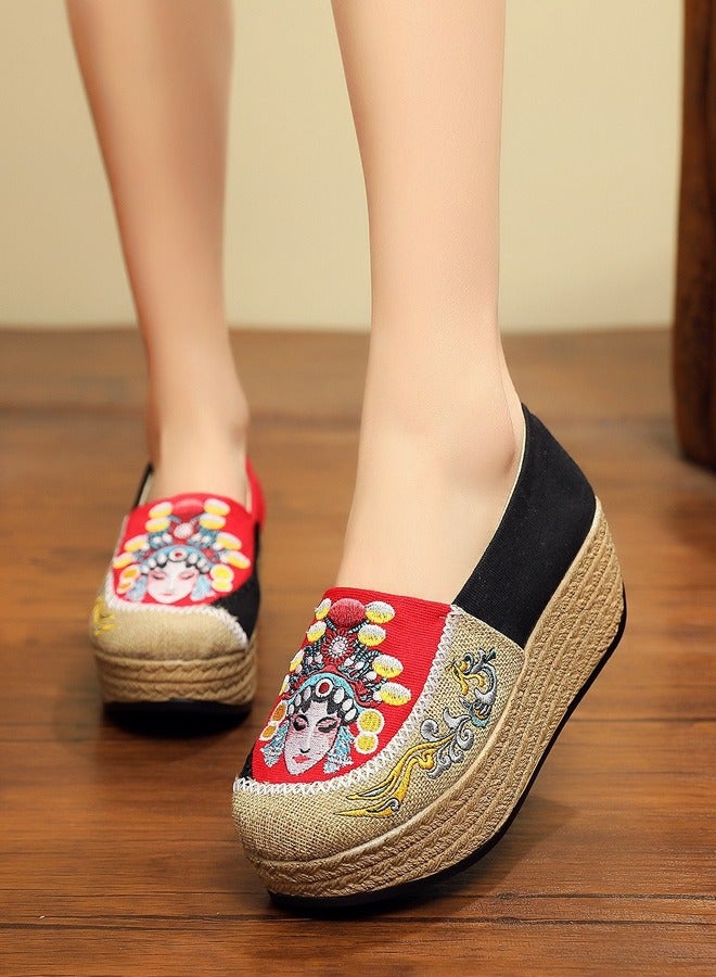 ZCM-HAPPY Peking Opera Mask Embroidered Canvas Sneakers - Women's Handmade Cotton Linen Slip-On Platform Shoes with Thick Sole 3.5 cm Height  - Image 1
